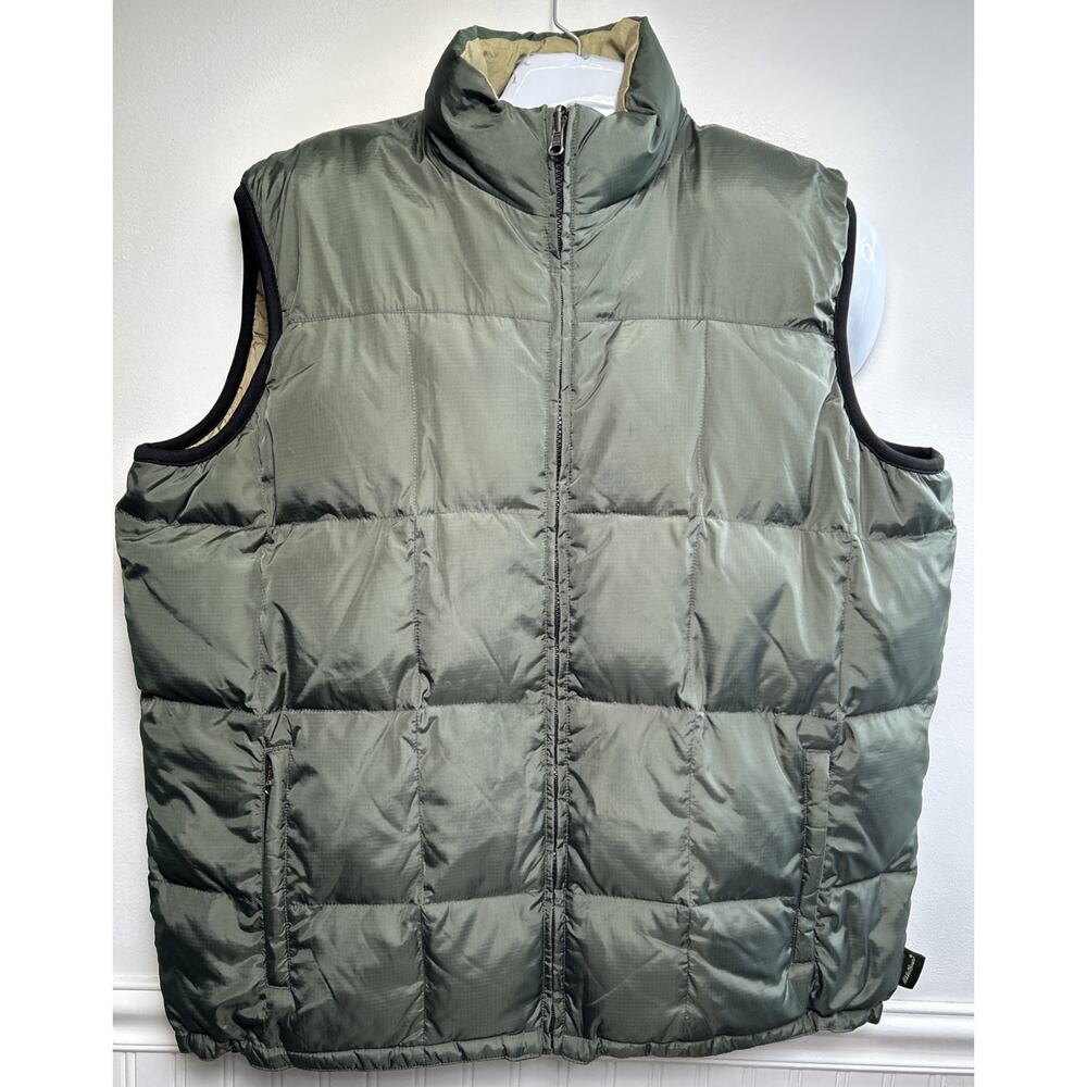 Vintage Eddie Bauer Vest Men’s XL Green/Tan Goose Down Reversible Quilted Zip